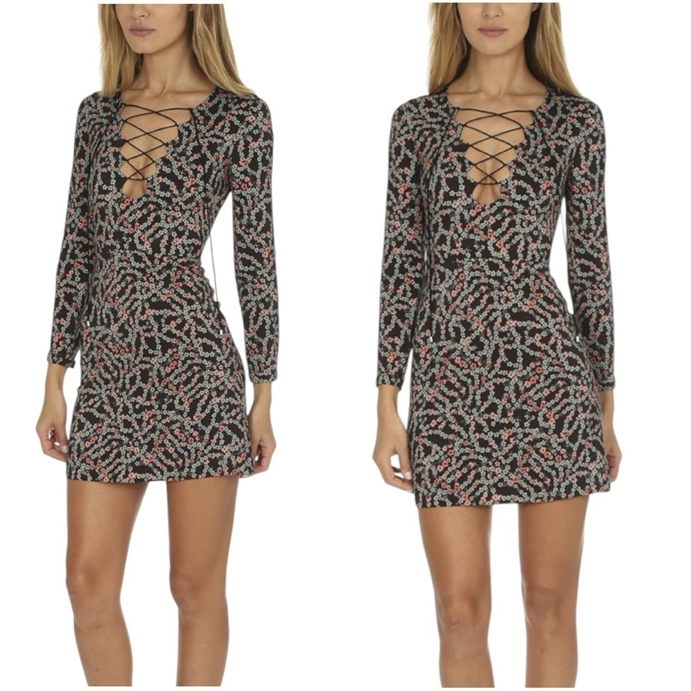 Saloni Nurul Floral Print lace-up V neck Long Sleeve Bodycon Mini Dress Size 6 - Picture 3 of 13